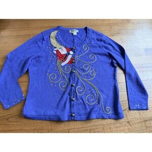Vintage Jack B Quick Blue Embellished Santa Moon Christmas Cardigan CELESTIAL XL